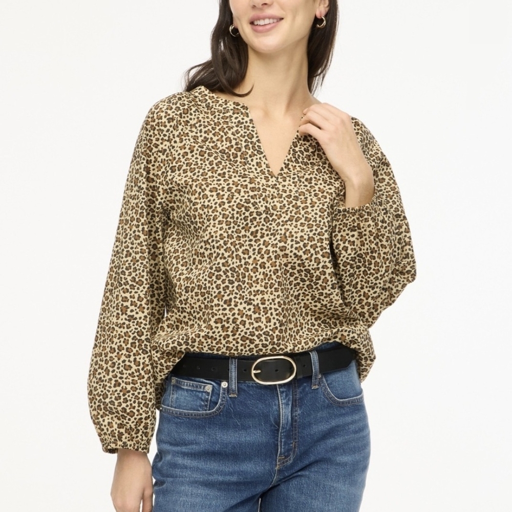 J. Crew Leopard Print Popover Blouse In 100% Cotton EUC Size M